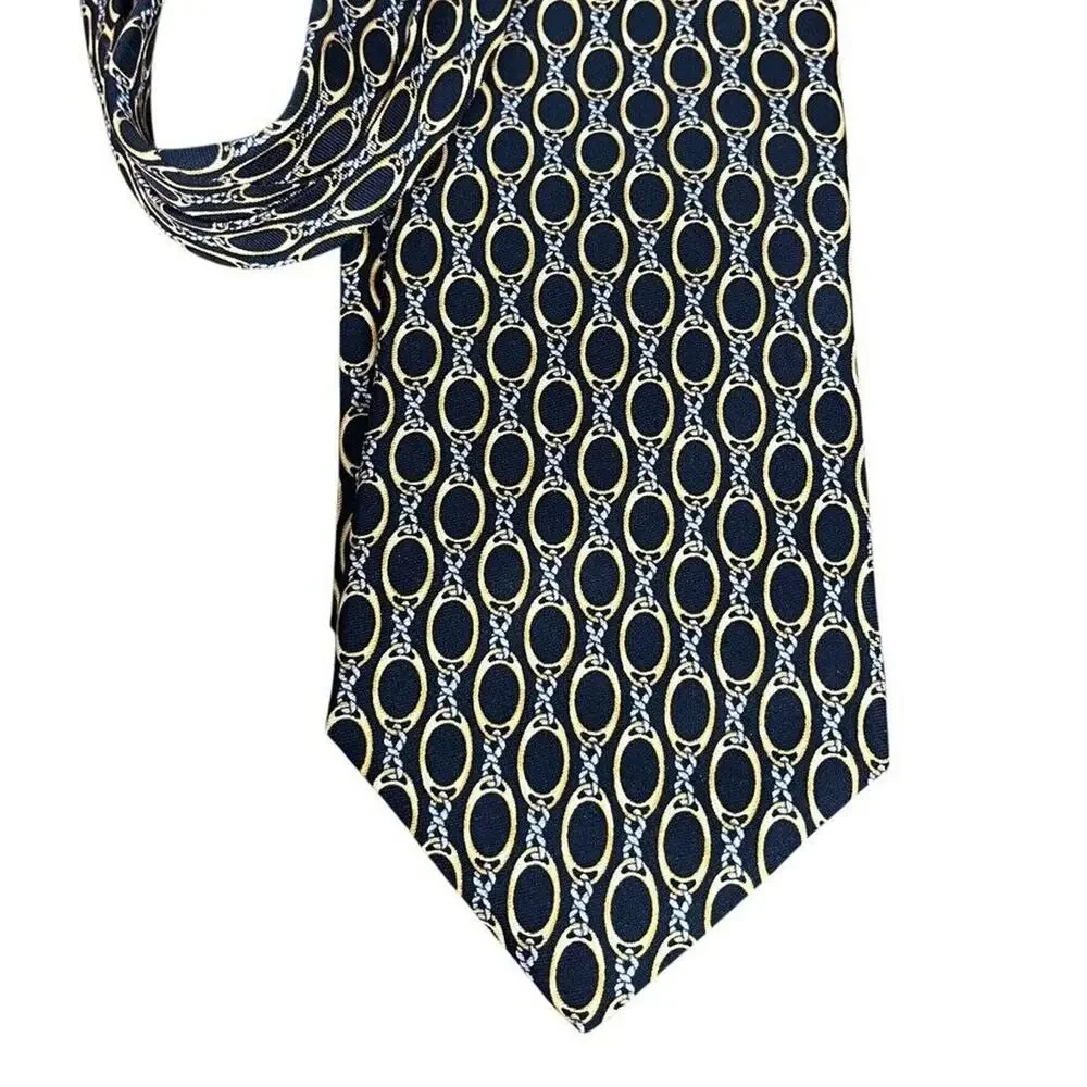 Brooks Brothers Makers Mens All Silk Chain Print Black Gold Neck Tie Necktie 3.5